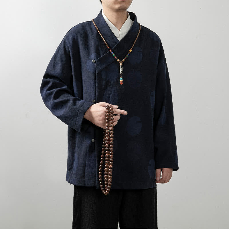 Camisa de algodón jacquard de manga larga con cuello en V y color liso para hombre con Buddha Stones