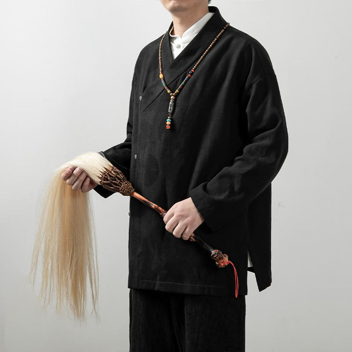 Camisa de algodón jacquard de manga larga con cuello en V y color liso para hombre con Buddha Stones