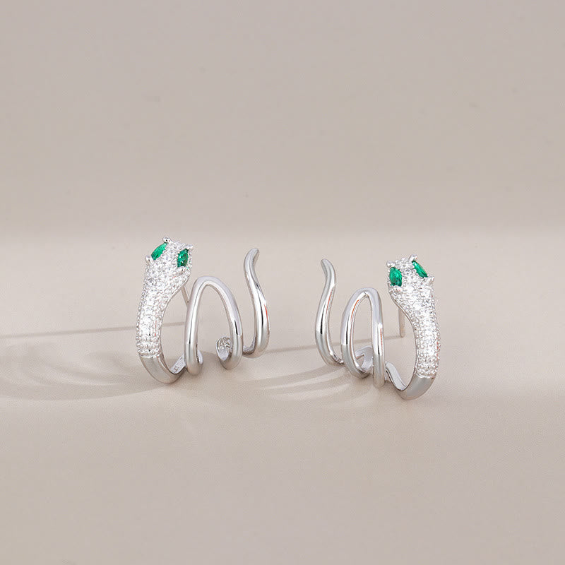 Pendientes de plata de ley 925 con Buddha Stones y forma de serpiente de ojos verdes con el año de la serpiente