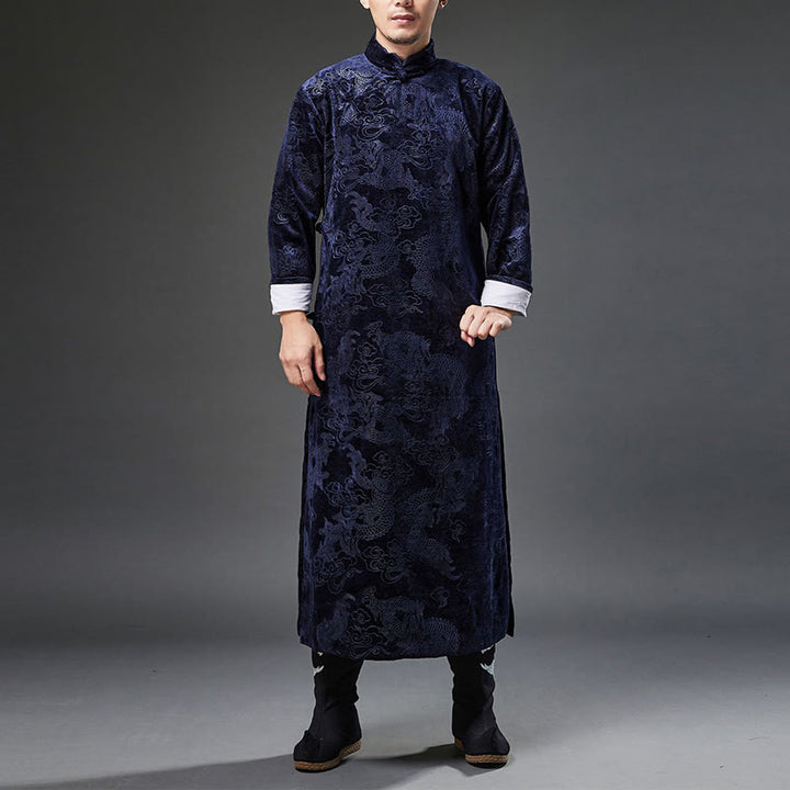 Traje chino vintage con Buddha Stones para otoño e invierno, túnica de jacquard con dragón para hombre y bolsillos