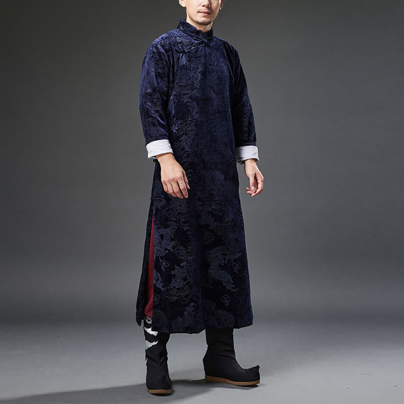 Traje chino vintage con Buddha Stones para otoño e invierno, túnica de jacquard con dragón para hombre y bolsillos