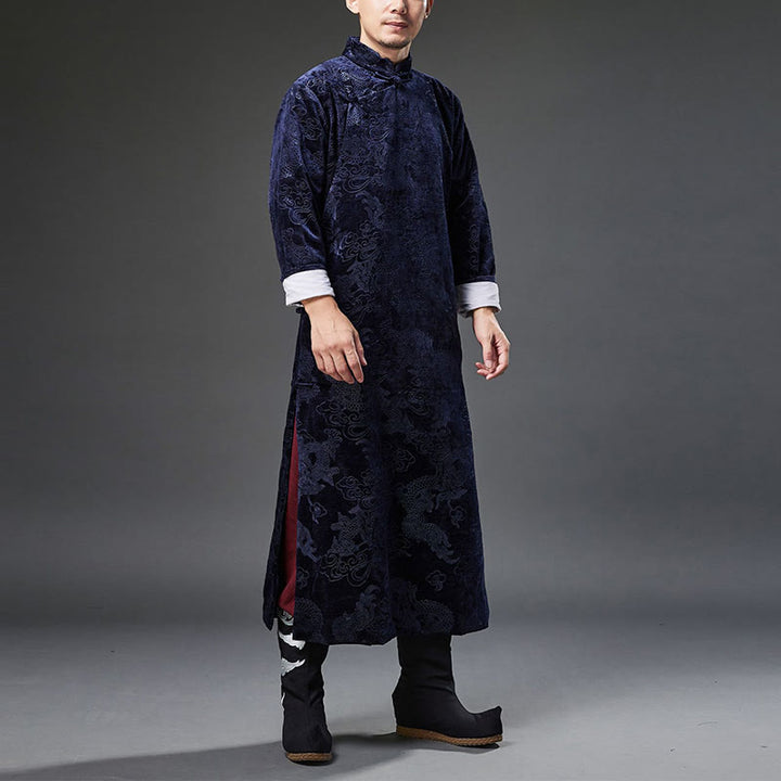 Traje chino vintage con Buddha Stones para otoño e invierno, túnica de jacquard con dragón para hombre y bolsillos