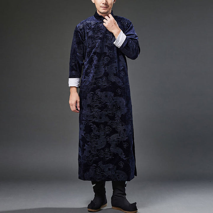 Traje chino vintage con Buddha Stones para otoño e invierno, túnica de jacquard con dragón para hombre y bolsillos