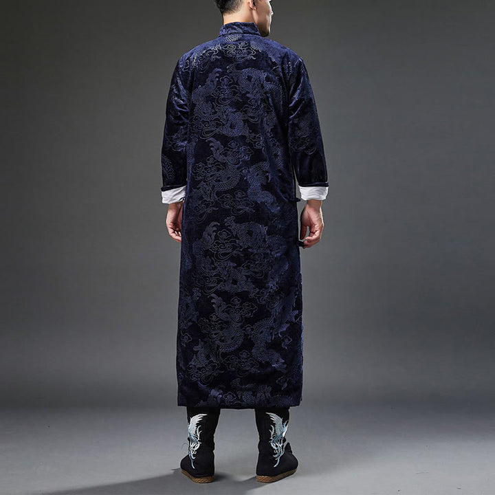 Traje chino vintage con Buddha Stones para otoño e invierno, túnica de jacquard con dragón para hombre y bolsillos