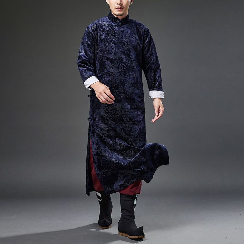 Traje chino vintage con Buddha Stones para otoño e invierno, túnica de jacquard con dragón para hombre y bolsillos