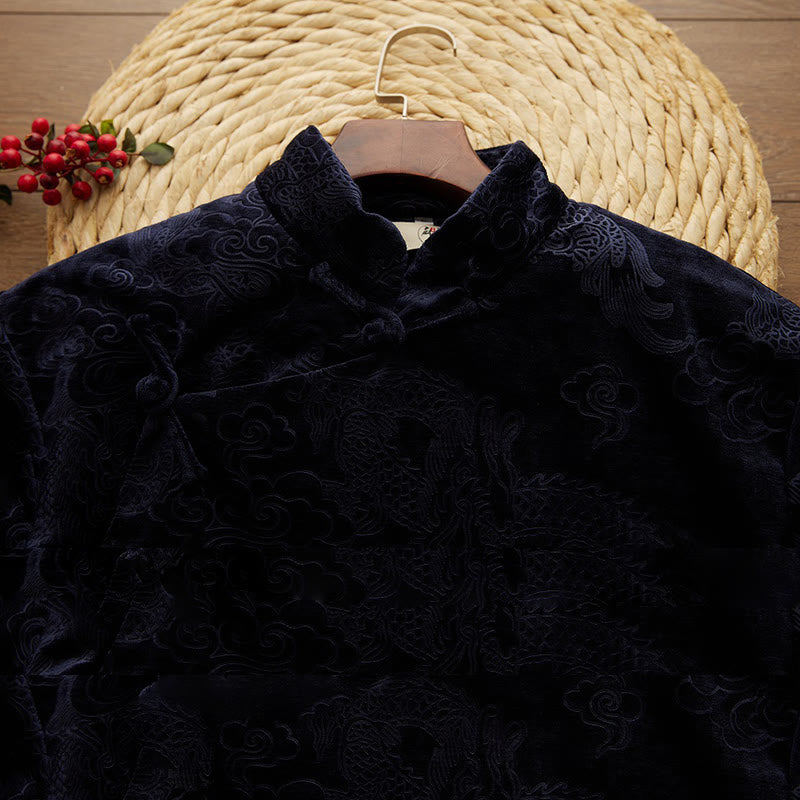 Traje chino vintage con Buddha Stones para otoño e invierno, túnica de jacquard con dragón para hombre y bolsillos - image 9