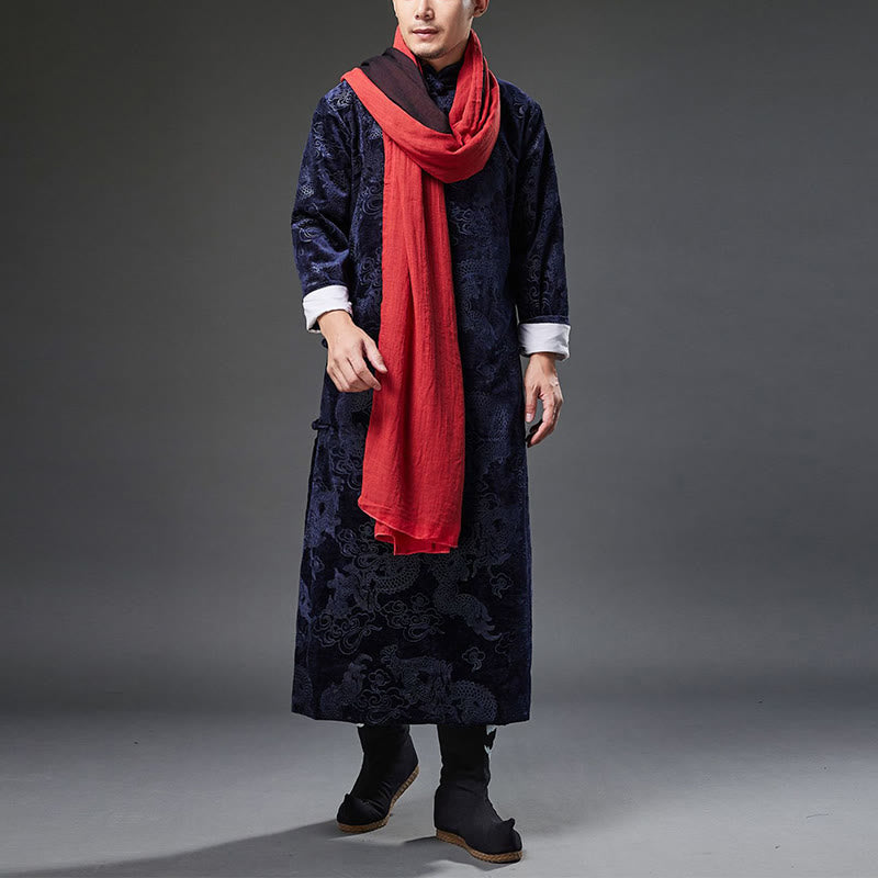 Traje chino vintage con Buddha Stones para otoño e invierno, túnica de jacquard con dragón para hombre y bolsillos