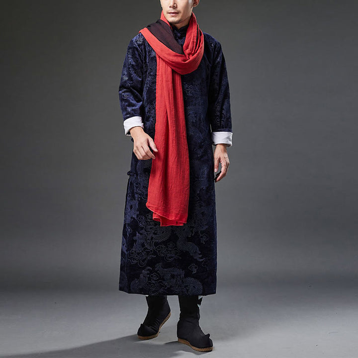 Traje chino vintage con Buddha Stones para otoño e invierno, túnica de jacquard con dragón para hombre y bolsillos