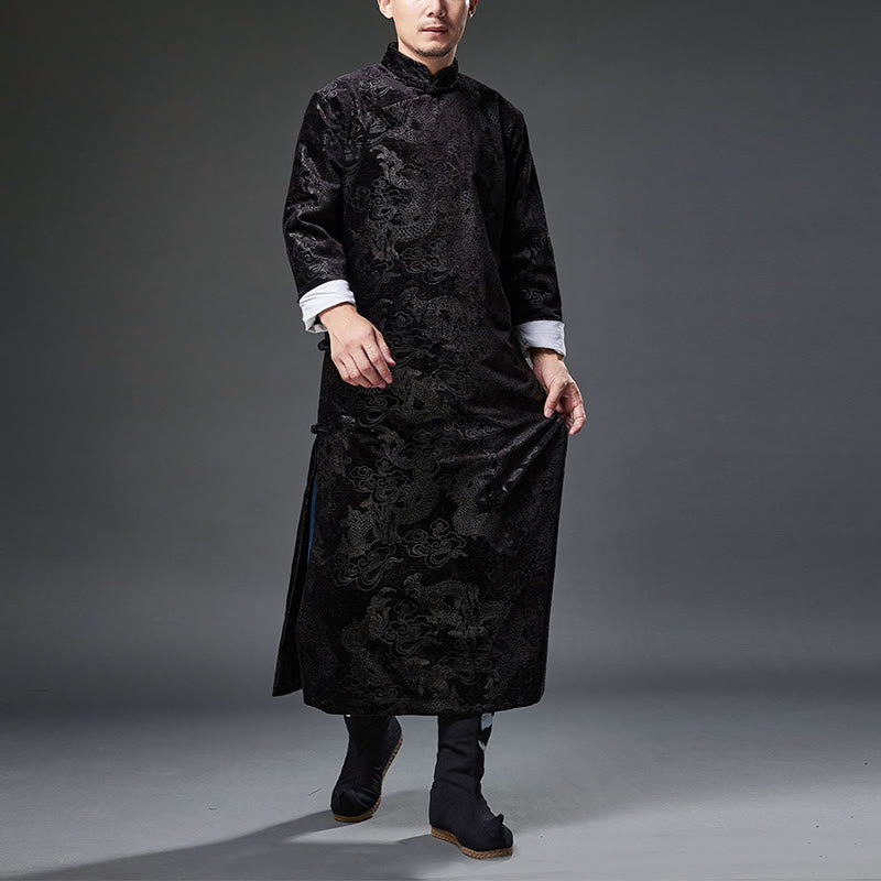 Traje chino vintage con Buddha Stones para otoño e invierno, túnica de jacquard con dragón para hombre y bolsillos