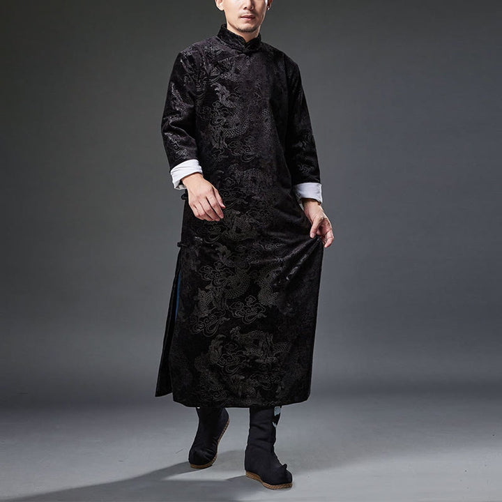Traje chino vintage con Buddha Stones para otoño e invierno, túnica de jacquard con dragón para hombre y bolsillos