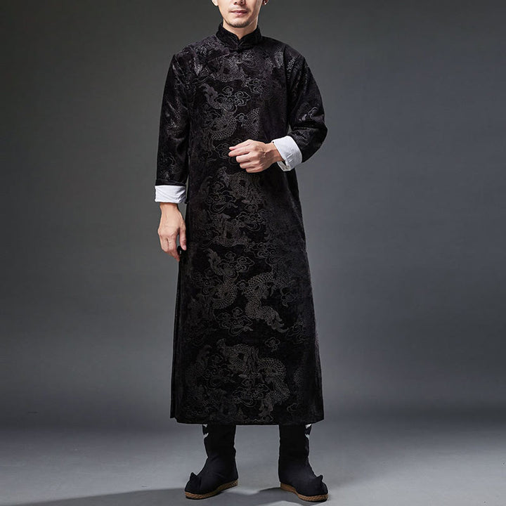 Traje chino vintage con Buddha Stones para otoño e invierno, túnica de jacquard con dragón para hombre y bolsillos