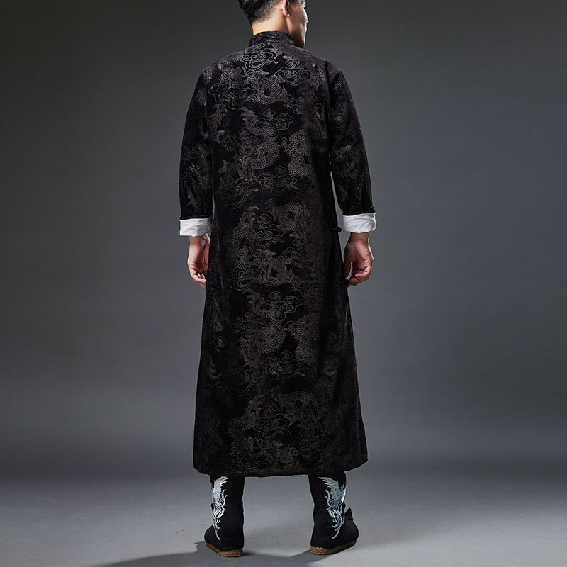 Traje chino vintage con Buddha Stones para otoño e invierno, túnica de jacquard con dragón para hombre y bolsillos