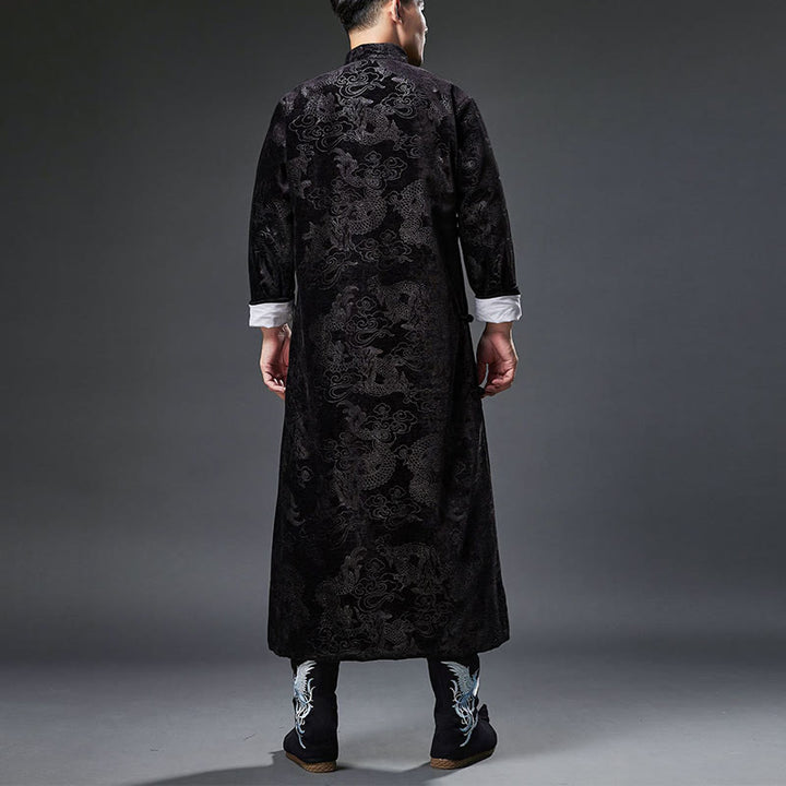 Traje chino vintage con Buddha Stones para otoño e invierno, túnica de jacquard con dragón para hombre y bolsillos