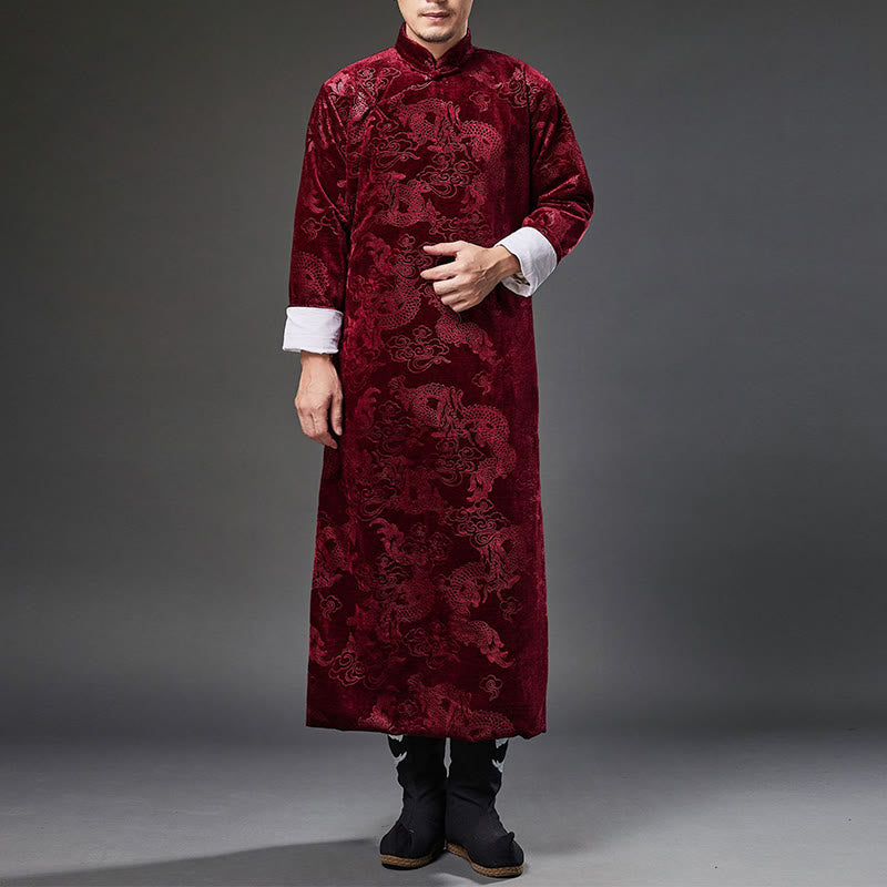 Traje chino vintage con Buddha Stones para otoño e invierno, túnica de jacquard con dragón para hombre y bolsillos