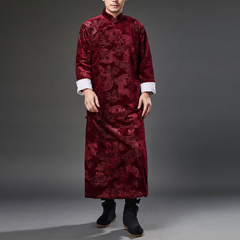 Traje chino vintage con Buddha Stones para otoño e invierno, túnica de jacquard con dragón para hombre y bolsillos