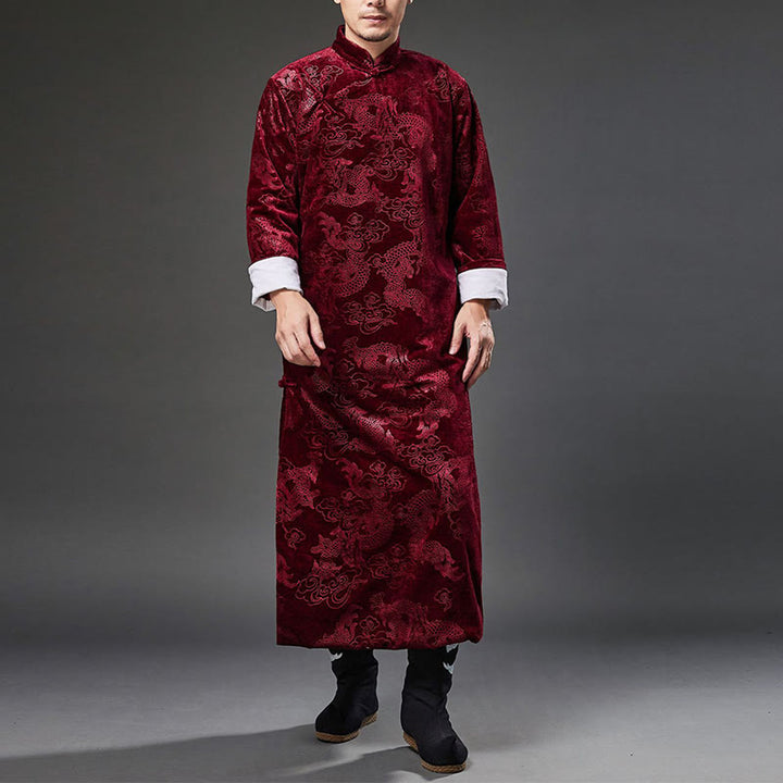 Traje chino vintage con Buddha Stones para otoño e invierno, túnica de jacquard con dragón para hombre y bolsillos