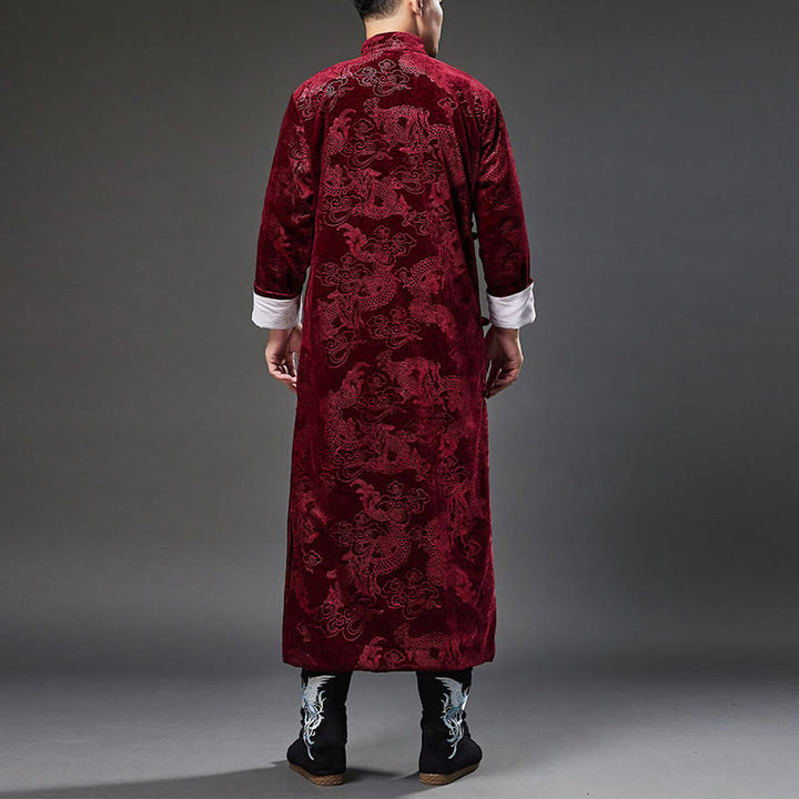 Traje chino vintage con Buddha Stones para otoño e invierno, túnica de jacquard con dragón para hombre y bolsillos