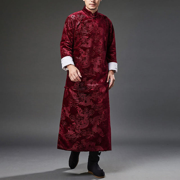 Traje chino vintage con Buddha Stones para otoño e invierno, túnica de jacquard con dragón para hombre y bolsillos