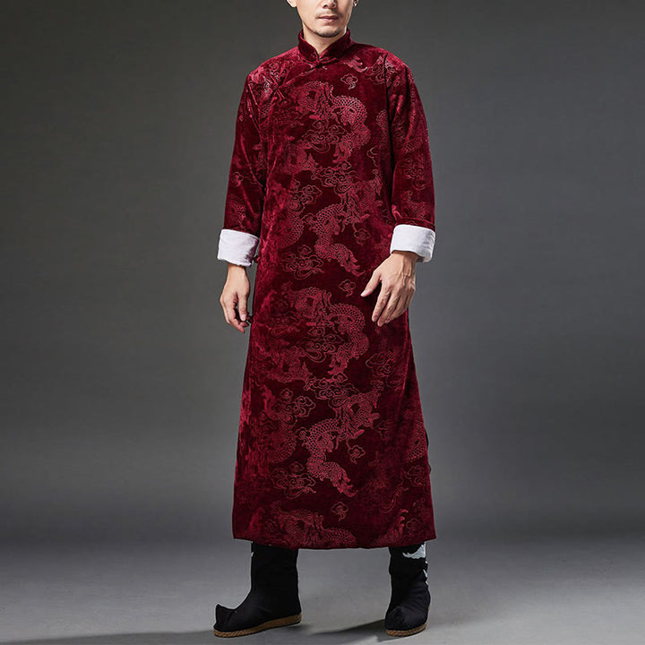 Traje chino vintage con Buddha Stones para otoño e invierno, túnica de jacquard con dragón para hombre y bolsillos