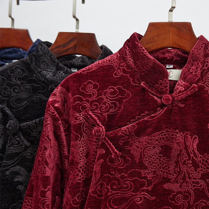 Traje chino vintage con Buddha Stones para otoño e invierno, túnica de jacquard con dragón para hombre y bolsillos