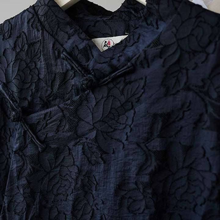 Traje Tang de algodón para hombre con peonías rosas y botones de rana chinas y Buddha Stones