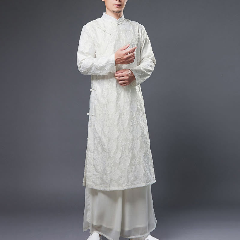 Traje Tang de algodón para hombre con peonías rosas y botones de rana chinas y Buddha Stones