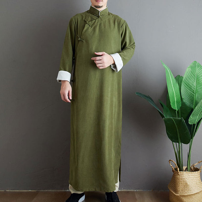 Traje Tang de algodón con botones de rana y color sólido para hombre, con Buddha Stones y caída - Verde oliva - US/UK/AU38, EU48 (XL) - image 0