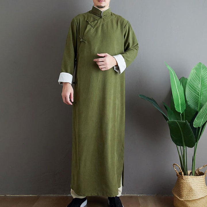 Traje Tang de algodón con botones de rana y color sólido para hombre, con Buddha Stones y caída - Verde oliva - US/UK/AU38, EU48 (XL) - image 0