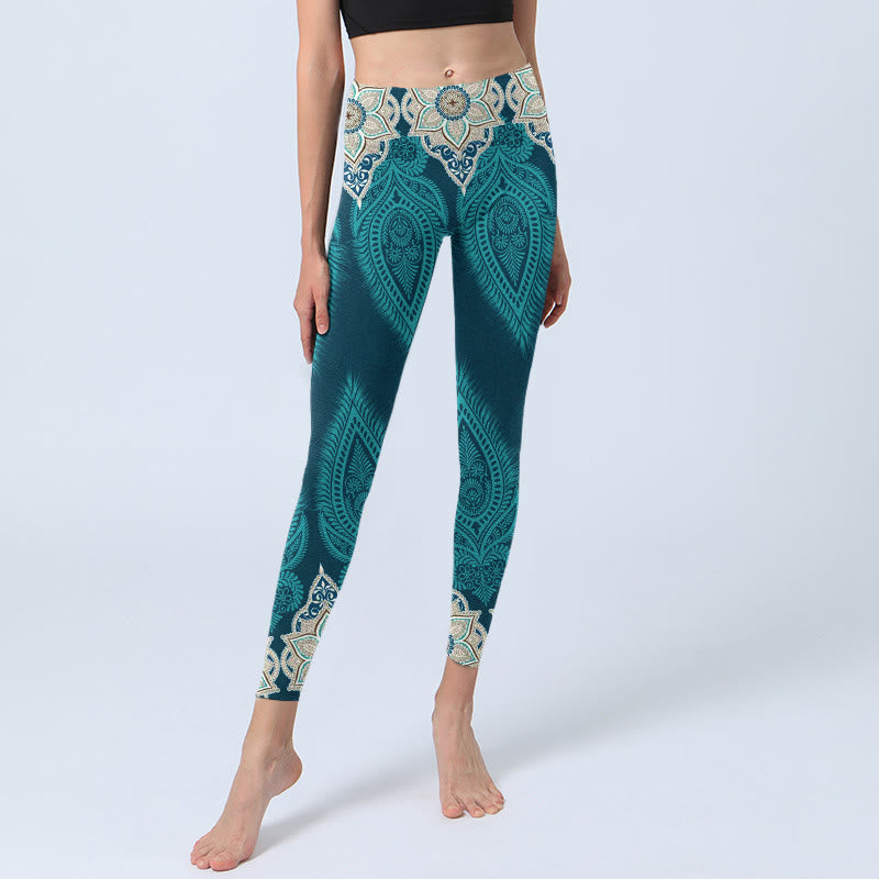 Leggings de fitness para gimnasio con estampado de flores y plumas verdes y piedras de Buddha Stones para mujer - image 5