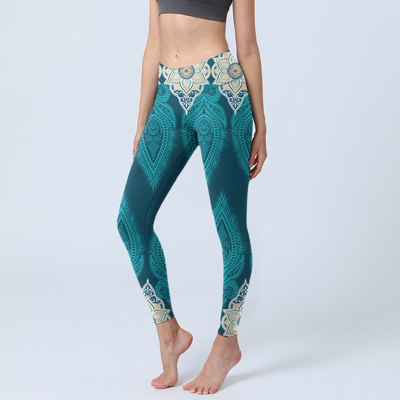 Leggings de fitness para gimnasio con estampado de flores y plumas verdes y piedras de Buddha Stones para mujer - Azul cadete - US18，UK/AU22，EU50 (4XL) - image 0