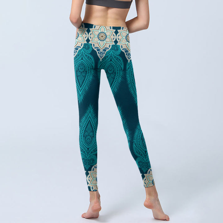 Leggings de fitness para gimnasio con estampado de flores y plumas verdes y piedras de Buddha Stones para mujer - image 6