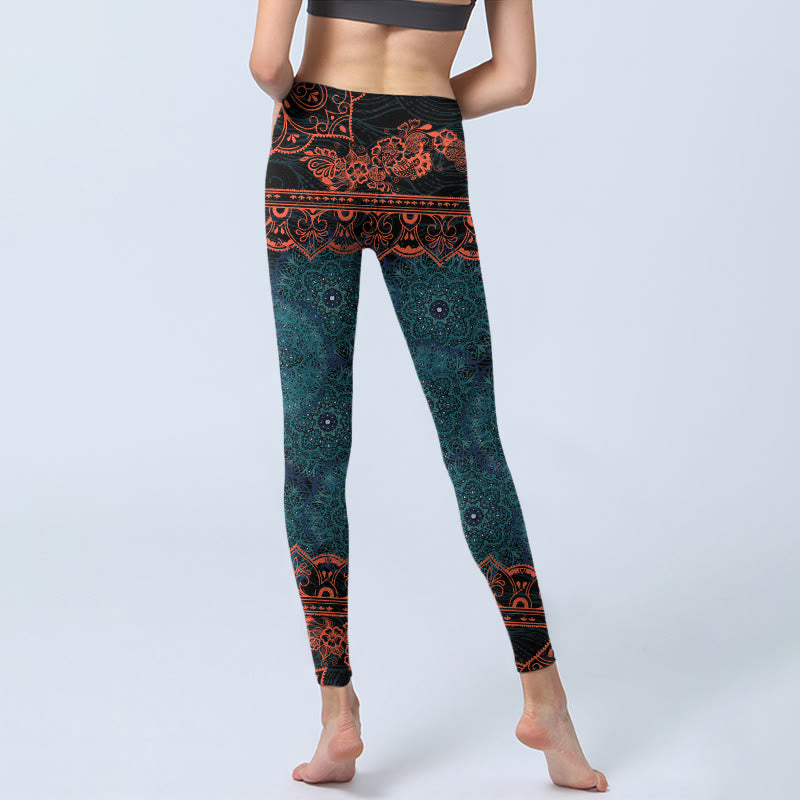 Leggings de fitness para gimnasio con estampado de flores de mandala verde y Buddha Stones para mujer - image 6