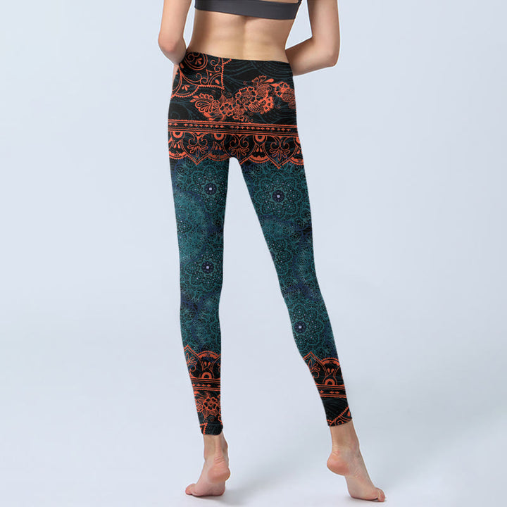 Leggings de fitness para gimnasio con estampado de flores de mandala verde y Buddha Stones para mujer - image 6