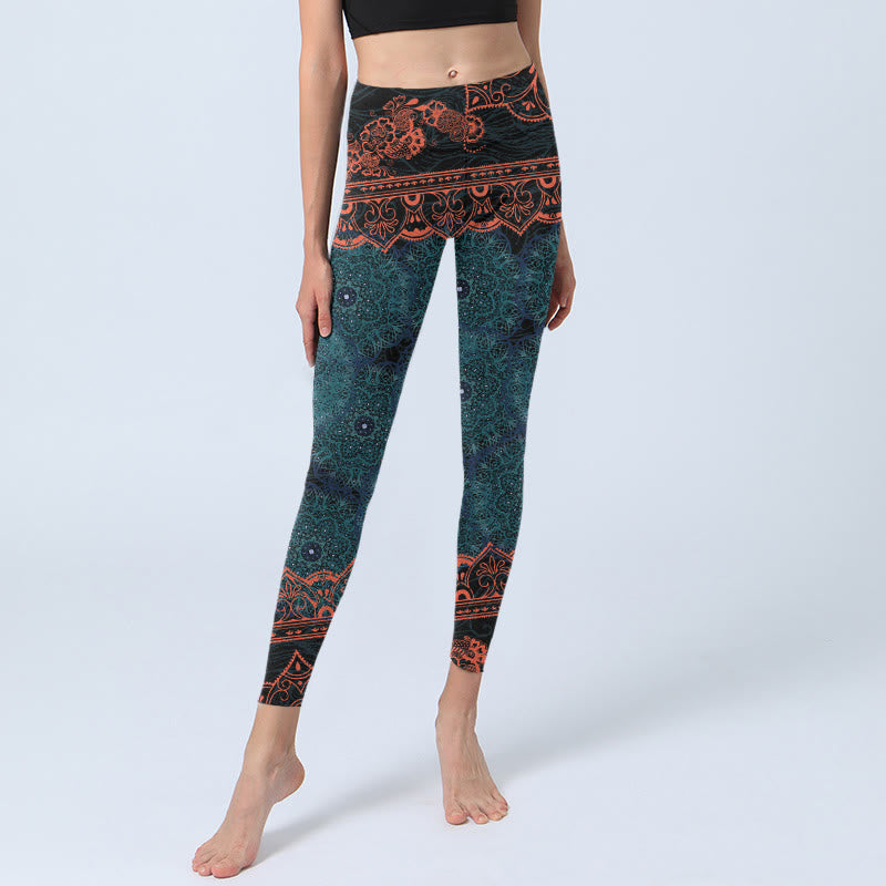 Leggings de fitness para gimnasio con estampado de flores de mandala verde y Buddha Stones para mujer - image 5