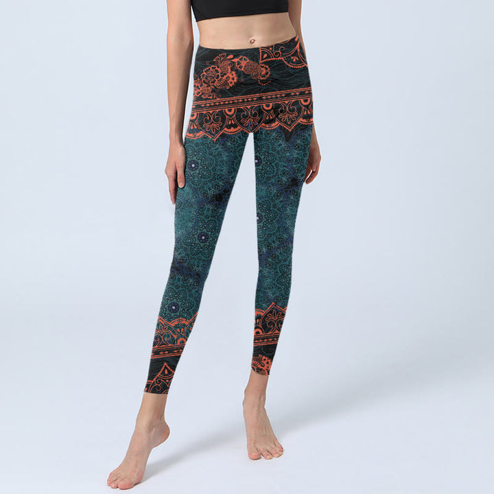 Leggings de fitness para gimnasio con estampado de flores de mandala verde y Buddha Stones para mujer - image 5