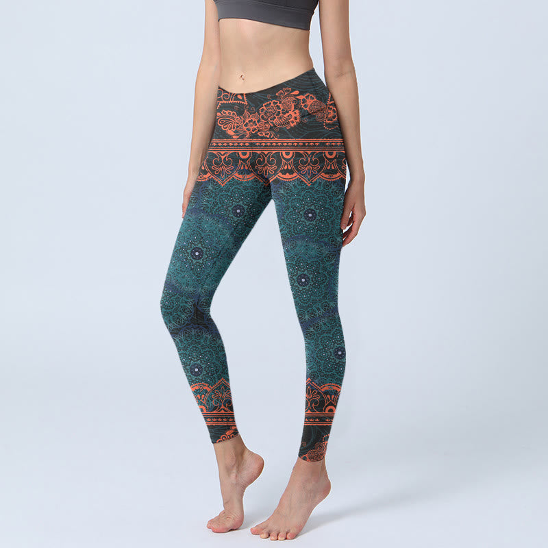 Leggings de fitness para gimnasio con estampado de flores de mandala verde y Buddha Stones para mujer - Cadete Azul - US18，UK/AU22，EU50 (4XL) - image 1