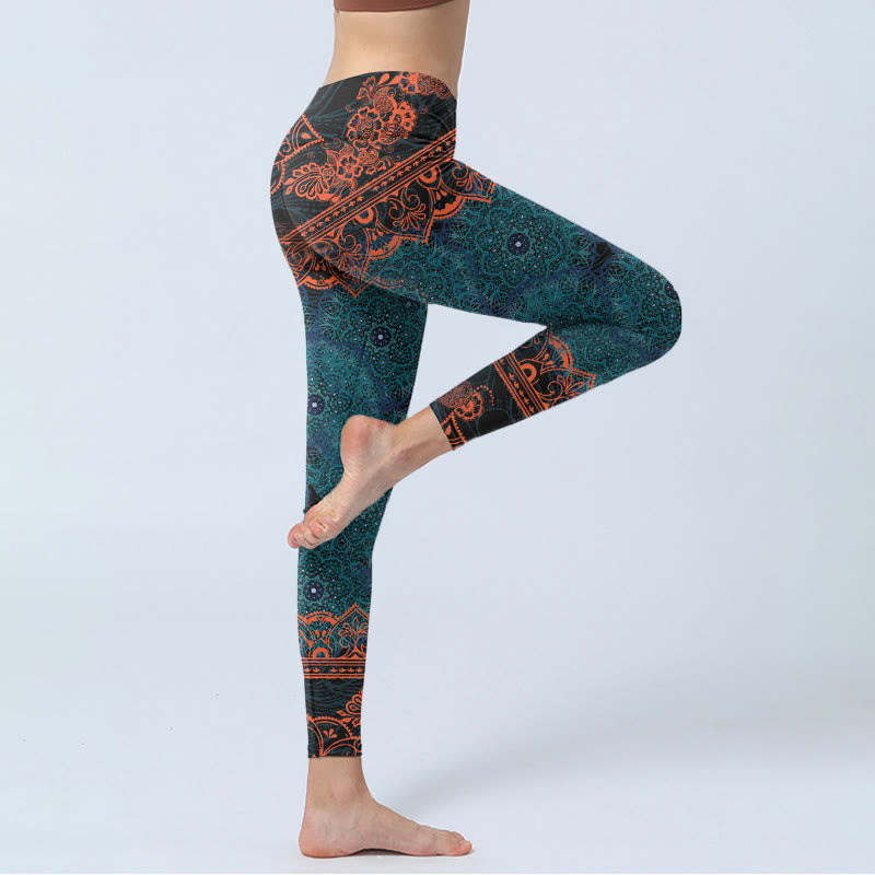 Leggings de fitness para gimnasio con estampado de flores de mandala verde y Buddha Stones para mujer - image 3