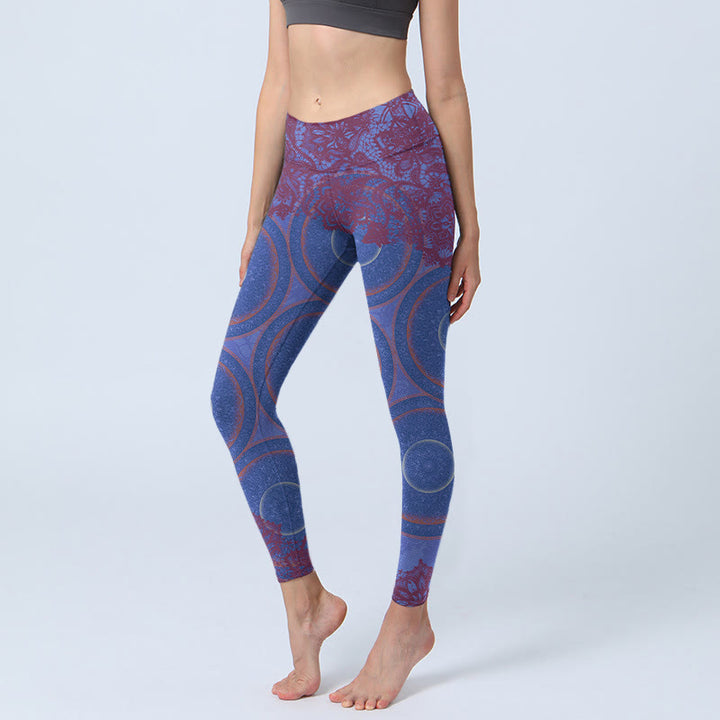 Leggings de fitness para gimnasio con estampado de flores de mandala, brújula morada y Buddha Stones, pantalones de yoga para mujer - Morado medio - US18，UK/AU22，EU50 (4XL) - image 0