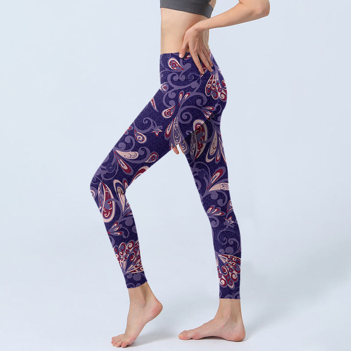 Leggings de fitness para gimnasio con estampado de pétalos de flores moradas y Buddha Stones para mujer - image 2