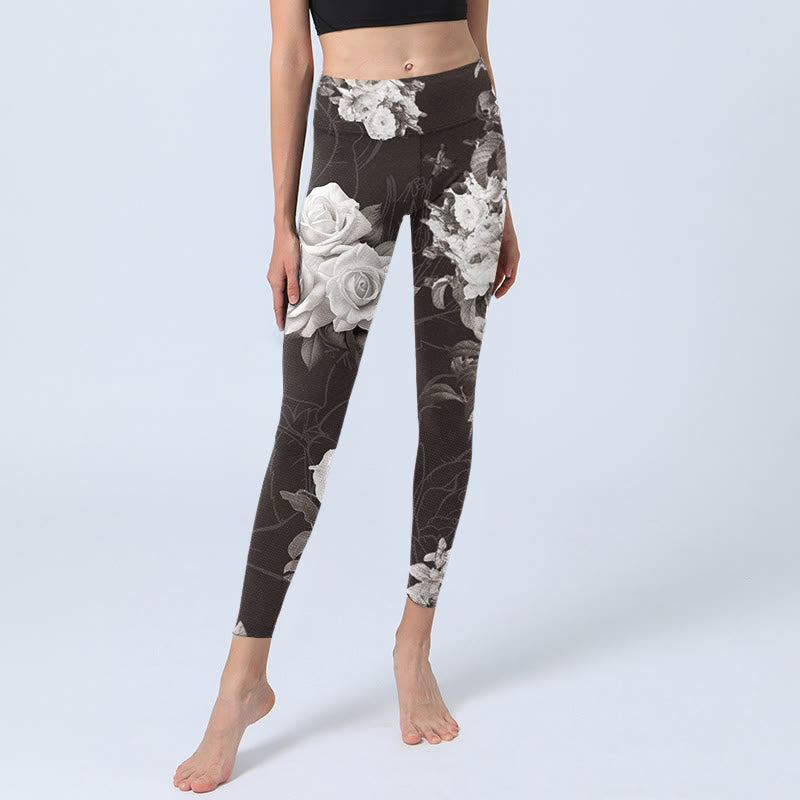 Leggings de fitness para gimnasio con estampado de rosas blancas y grises y Buddha Stones para mujer - image 5