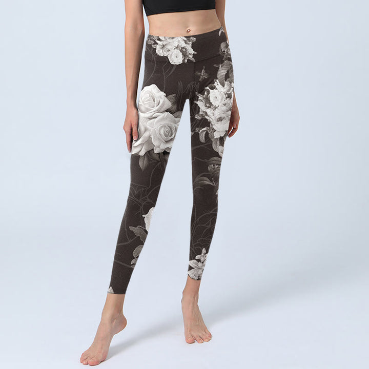 Leggings de fitness para gimnasio con estampado de rosas blancas y grises y Buddha Stones para mujer - image 5