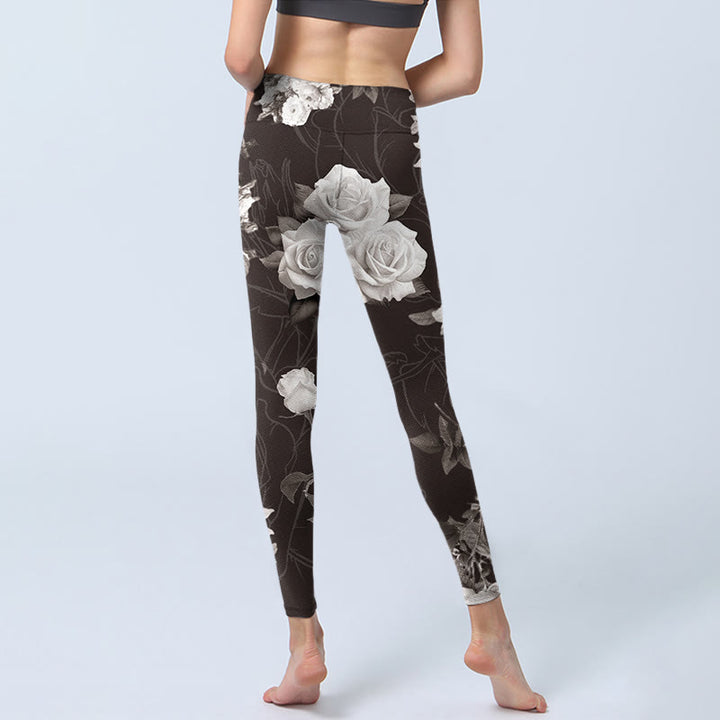 Leggings de fitness para gimnasio con estampado de rosas blancas y grises y Buddha Stones para mujer - image 6
