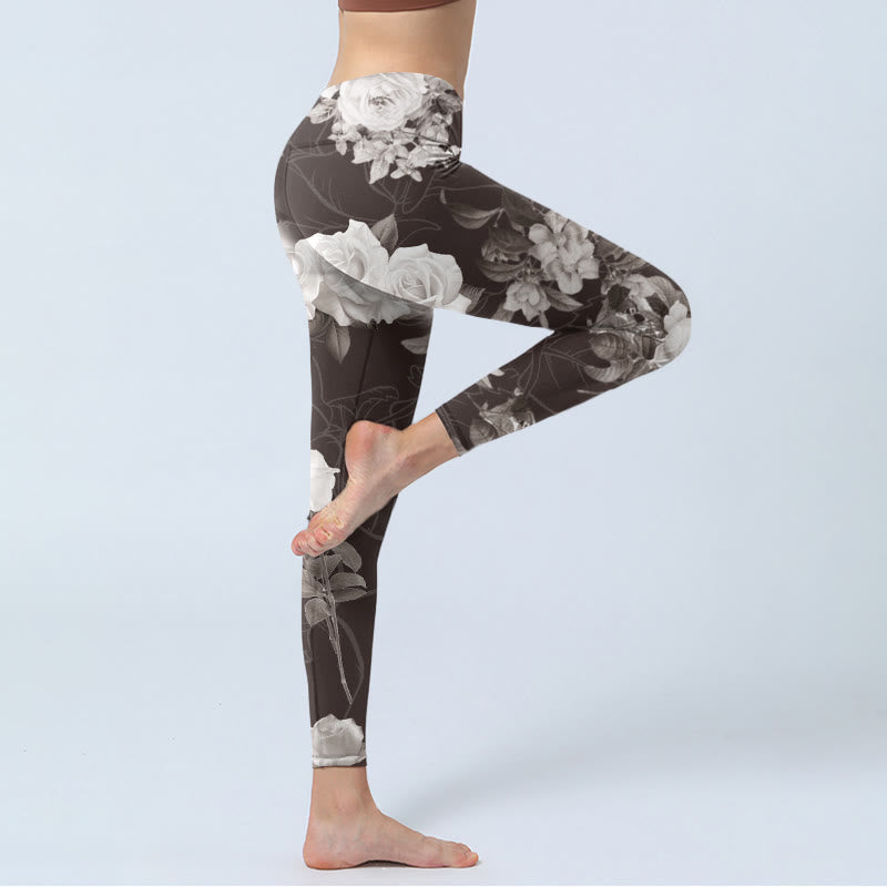 Leggings de fitness para gimnasio con estampado de rosas blancas y grises y Buddha Stones para mujer - image 3