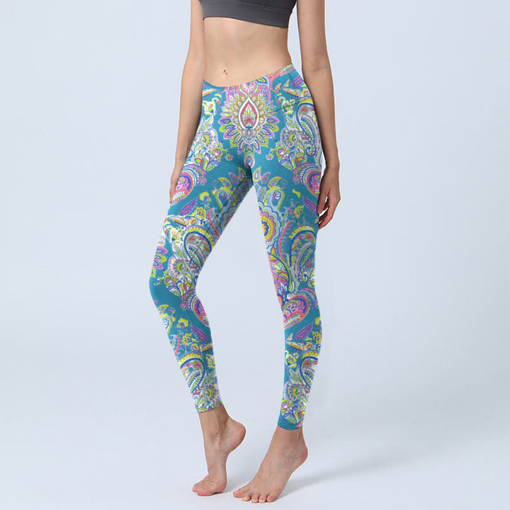 Leggings de fitness para gimnasio con estampado de flores azules, rosas y verdes con Buddha Stones para mujer - Azul cielo claro - US18，UK/AU22，EU50 (4XL) - image 1