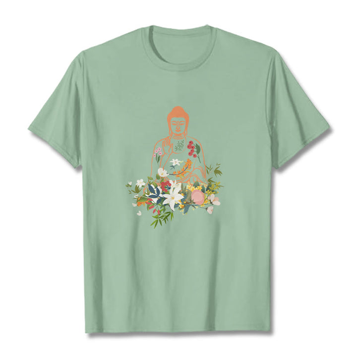 Camiseta con estampado de flores en flor y Buda meditando con Buddha Stones - Verde pálido - 2XL - image 15