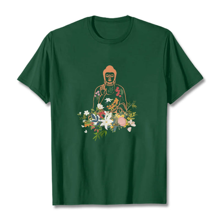 Camiseta con estampado de flores en flor y Buda meditando con Buddha Stones - Verde bosque - 2XL - image 11
