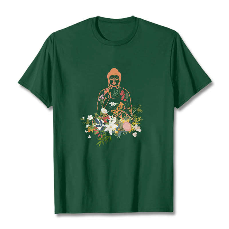 Camiseta con estampado de flores en flor y Buda meditando con Buddha Stones - Verde bosque - 2XL - image 10