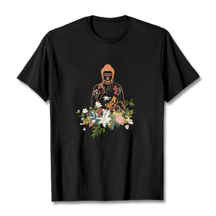 Camiseta con estampado de flores en flor y Buda meditando con Buddha Stones - Negro - 2XL - image 0