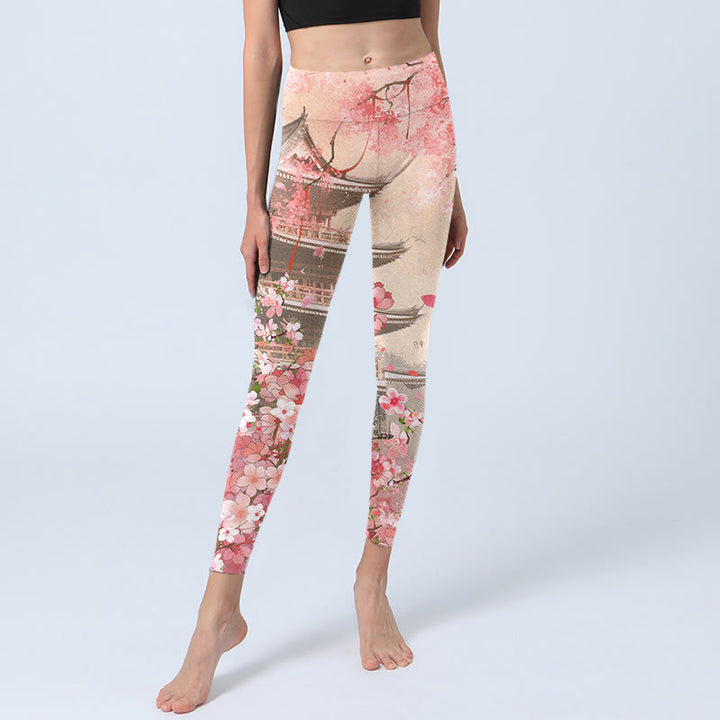 Leggings de fitness con estampado de edificios antiguos, sakura y Buddha Stones, pantalones de yoga para mujer - image 5