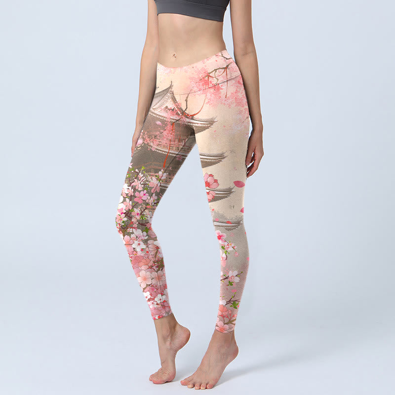 Leggings de fitness con estampado de edificios antiguos, sakura y Buddha Stones, pantalones de yoga para mujer - Rubor Lavanda - US18，UK/AU22，EU50 (4XL) - image 0